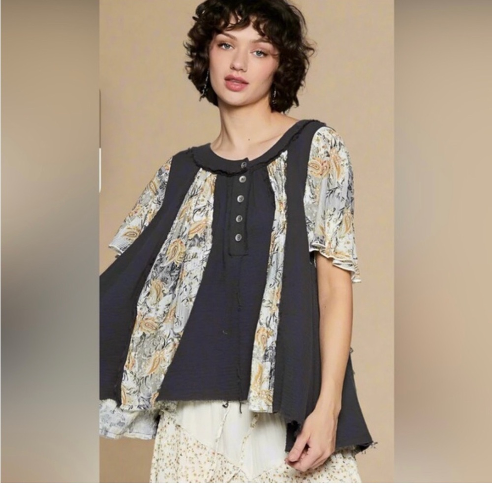 New POL frayed hem half button  Patchwork Swing top size large 🌹 beige bin